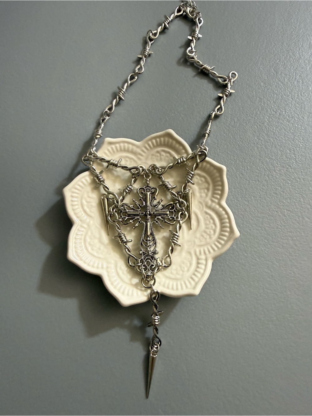 gothic barbed wire necklace features a central ornate cross pendant and spike - Picture 5 of 7